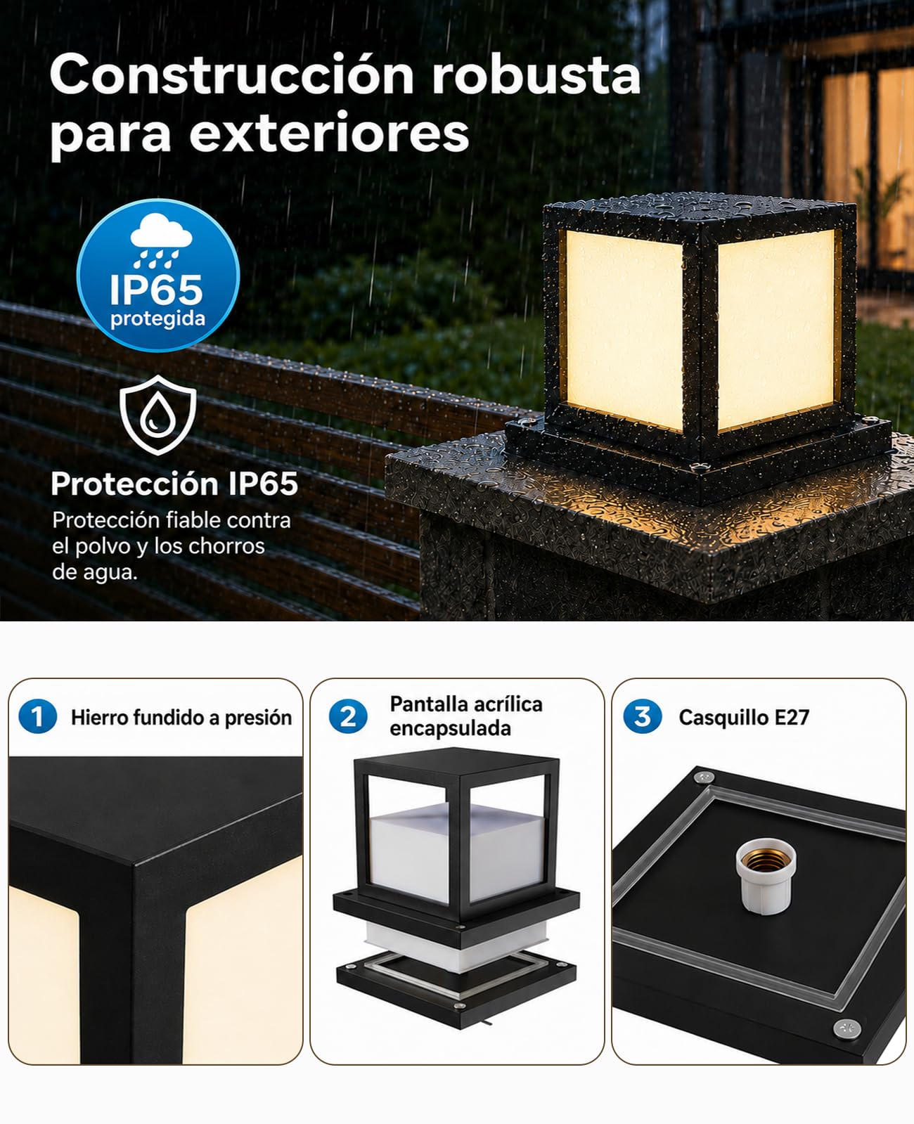 Farola Exterior Jardín E27, Lámpara de Sobremuro IP65 de Metal, 15W LED 3000K/4000K/6000K, Baliza Exterior Cuadrada para Muro, Camino, Terraza, Patio y Valla, Negro