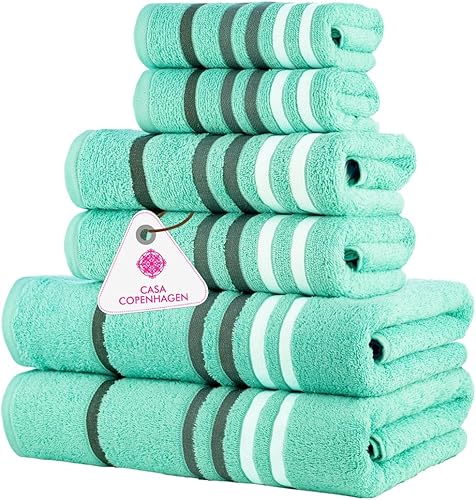 CASA COPENHAGEN Juego de toallas exóticas de 6 piezas, color azul aguamarina, 2 toallas de baño de 525 GSM, 2 toallas de mano, 2 toallas pequeñas,