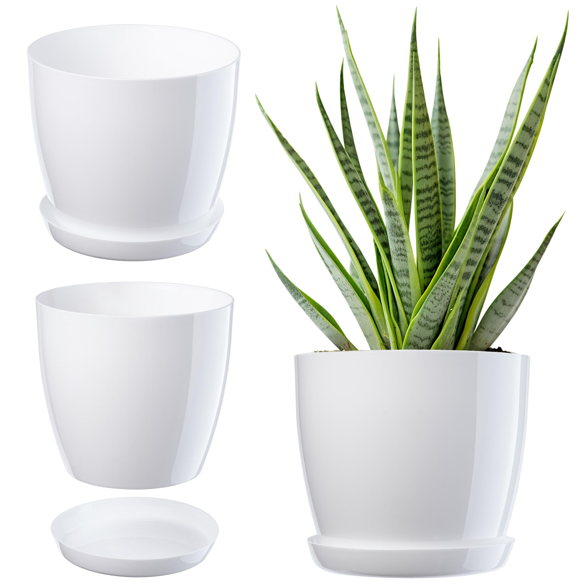 KADAX Maceta con plato, maceta redonda para interiores, elegante maceta de plástico, maceta ligera para flores y plantas para el hogar (18 cm de diámetro, color blanco)
