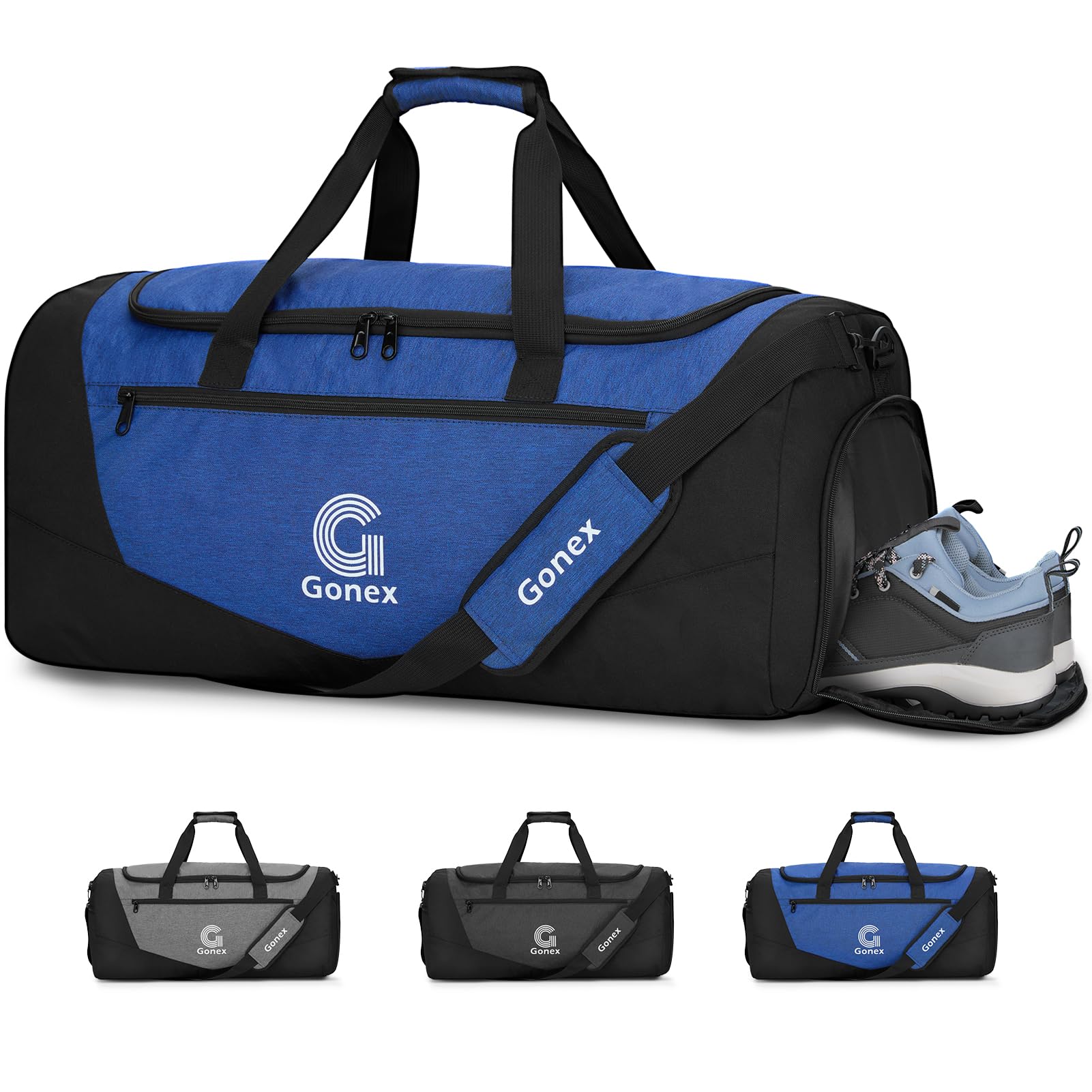 Gonex Gym Duffel Bag 60L with Shoe Compartment Wet Pocket, Large Capacity Sports Duffle Bag for Men Women, Workout & Travel Bag with Multiple Pockets, Black/Blue, Medium