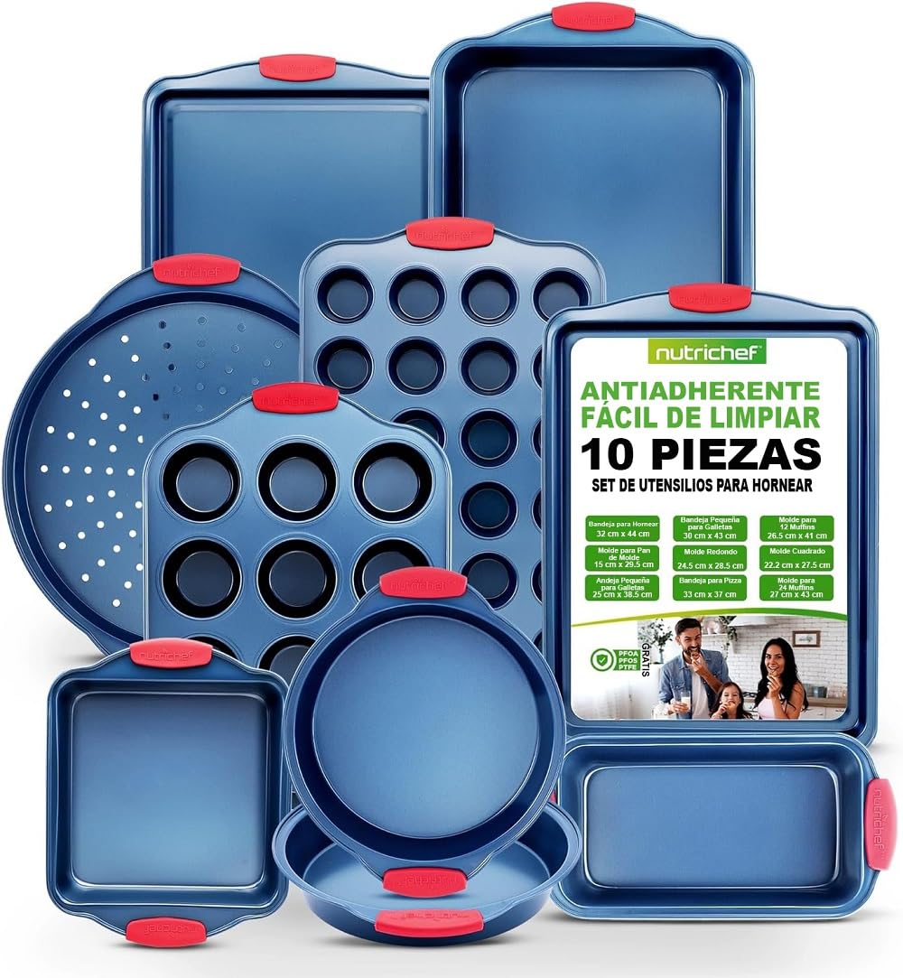 NutriChef juego de 10 moldes, Utensilios horno, Baking set, Reposteria, Antiadherentes, Libres de PFOA, PFOS, PFTEE, Aptos para hornos hasta 230°C (450°F), Mangos de silicona