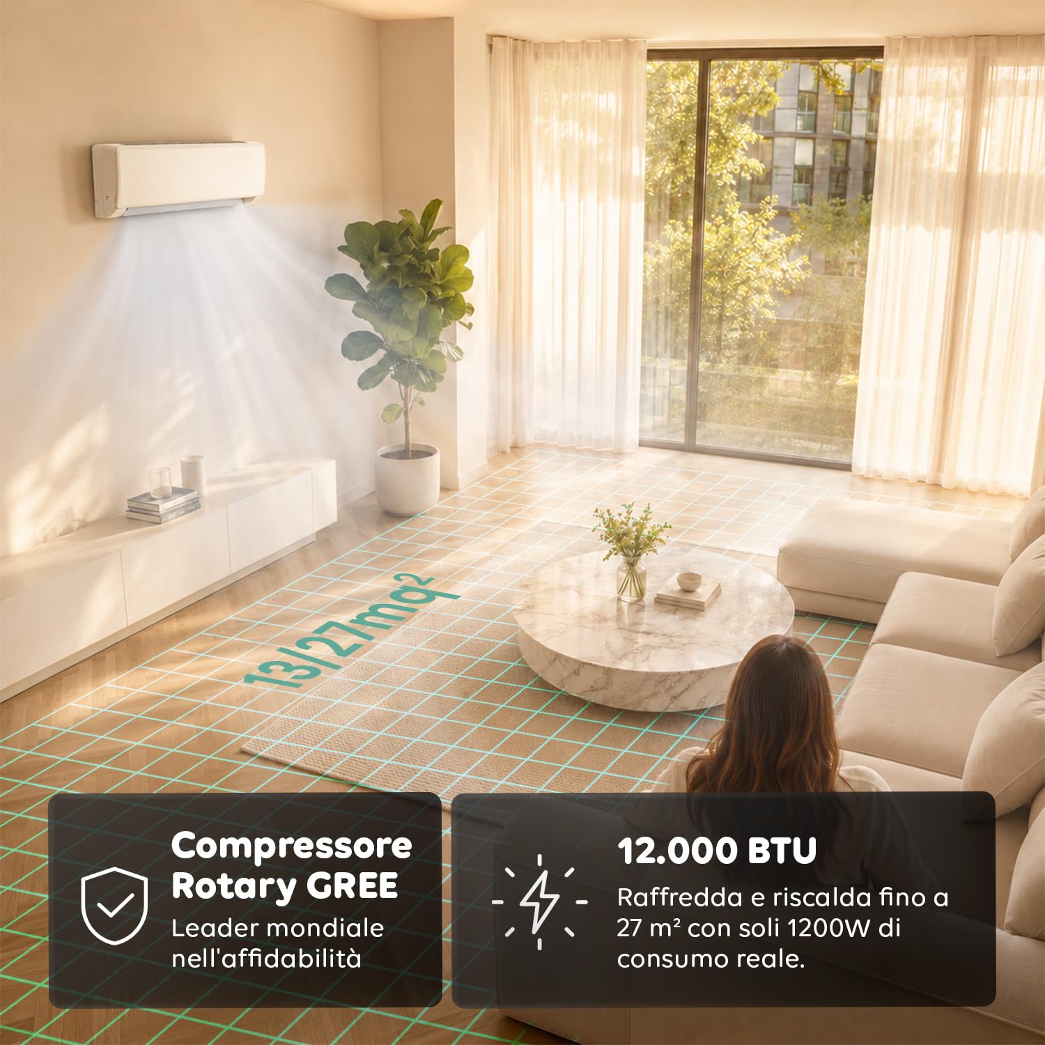 Wintem – Condizionatore 12000 BTU Inverter R32, Wi-Fi, A++/A+, Compressore GREE | Climatizzatore 12000 BTU Fisso, Pompa di Calore, 65 dB(A), Turbo, Sleep, Display LED