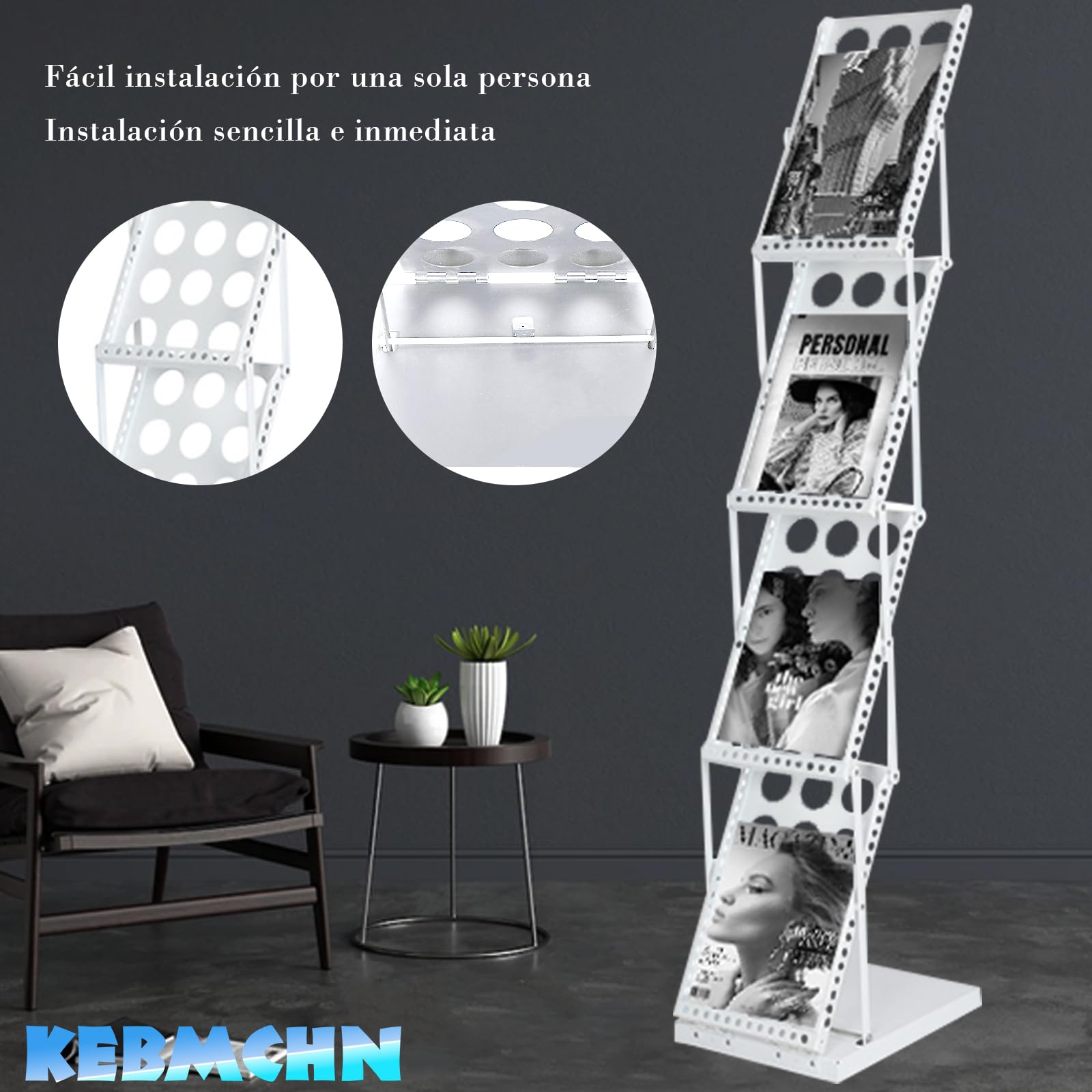 A4 - Soporte para catálogo de revistas y catálogos de literatura, Expositor de Revistas, portátil, de metal negro, incluye diseño de agujeros con bolsillo, plegable (blanco)