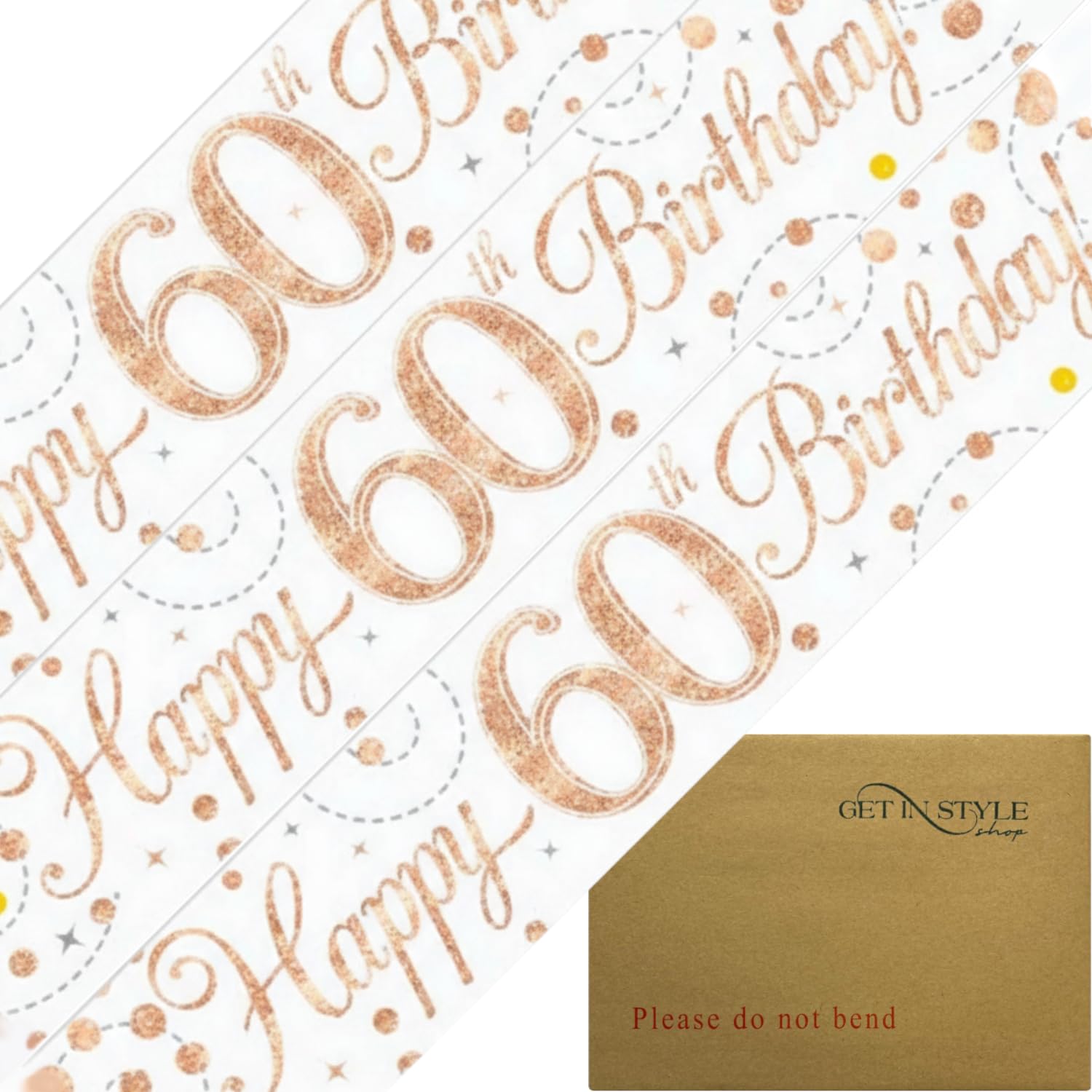 9ft Banner Happy 60th Birthday Sparkling Fizz White & Rose Gold Holographic Foil Pennant (274 cm)