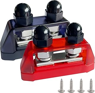 3/8" Heavy Duty Dual Studs Battery Junction Post Terminal Kit, Ampper 2 Studs M10 Bus Bar Power and Ground Junction Block Distribution with Cover, Pack of 2 (Red and Black)