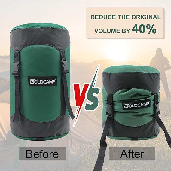 GoldCamp Sleeping Bag Stuff Sack, 40% More Storage! 18L/30L/43L/49L/65L Compression Stuff Sack, Waterproof & Ultralight - Space Saving Gear for Camping, Hiking (Green, L)