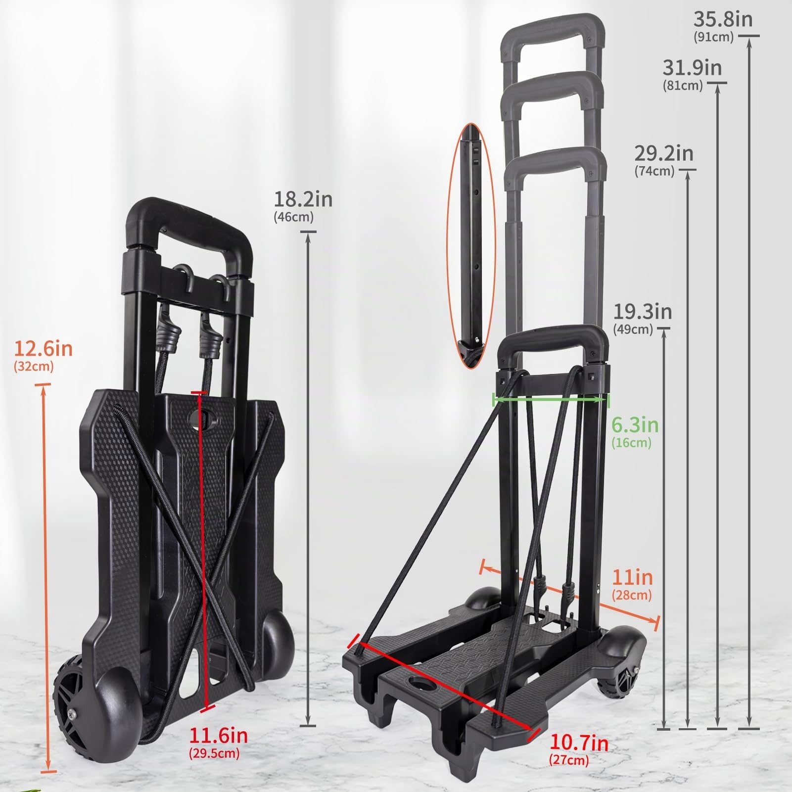 Carro de mano plegable, carrito de mochila, carrito de equipaje resistente con 2 cuerdas elásticas para equipaje, mochila, viajes, mudanza, compras, uso en la oficina