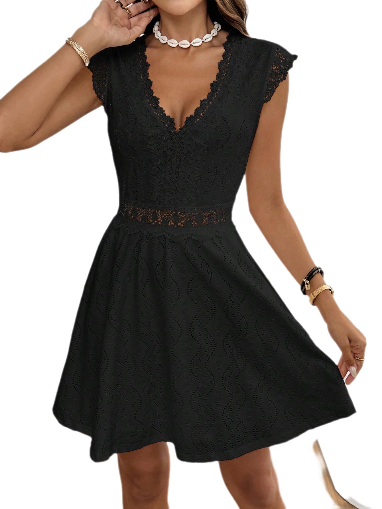 SweatyRocks Vestido de mujer elegante con líneas A, vestido de encaje con volantes, vestido corto de fiesta, vestido informal con cuello en V