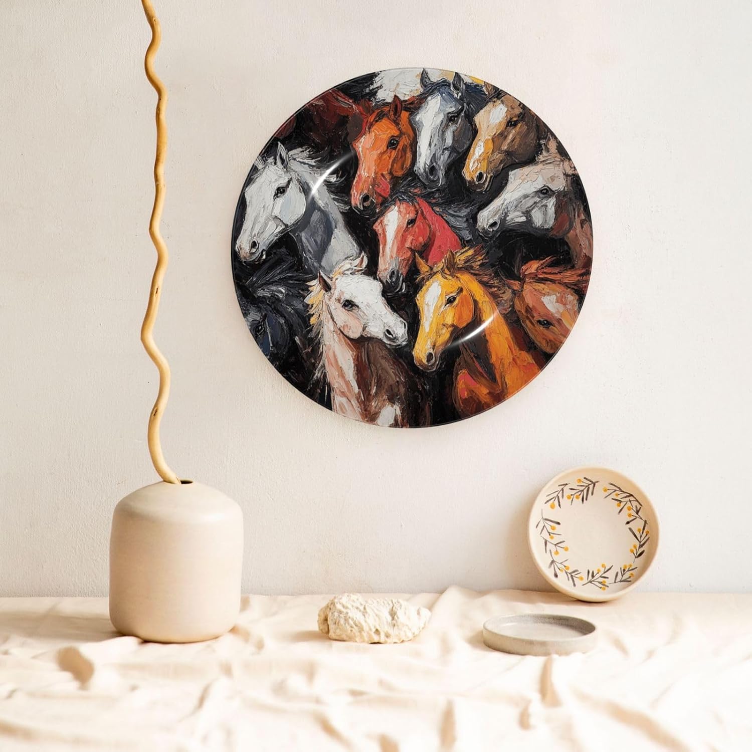 Decorative Plate 10in Dessert Plate Ornament Ceramic Plates with Display Many Horses Bone China Decorative Plat Stand Hanging Porcelain Plate for Home Wall Decor