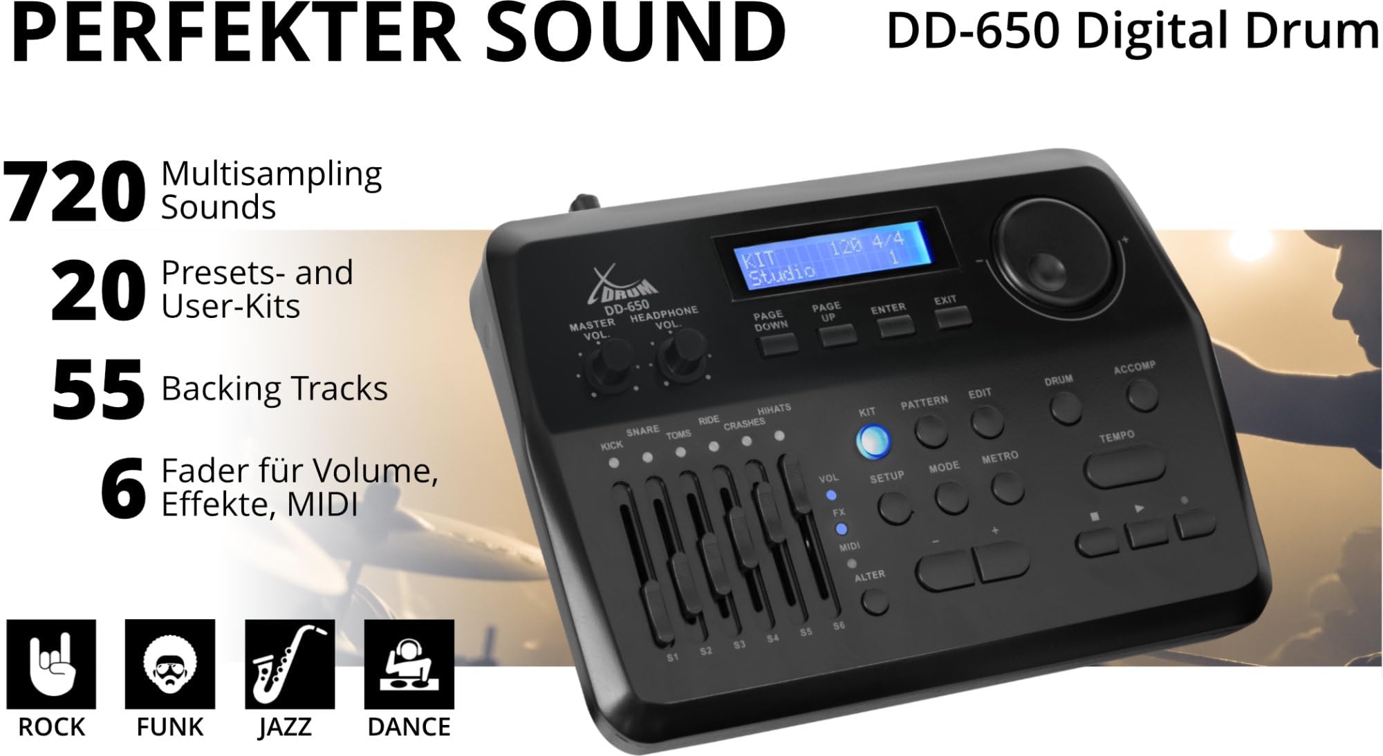 XDrum DD-670 Mesh E-Drum Kit Live Set, 1x pad de caja dual zona 14"x5 | Batería electrónica con doble capa de Mesh Heads, 1x pad de bombo 20"x12", 2x pads de tom dual zona 10"x5", Módulo, 5 kg