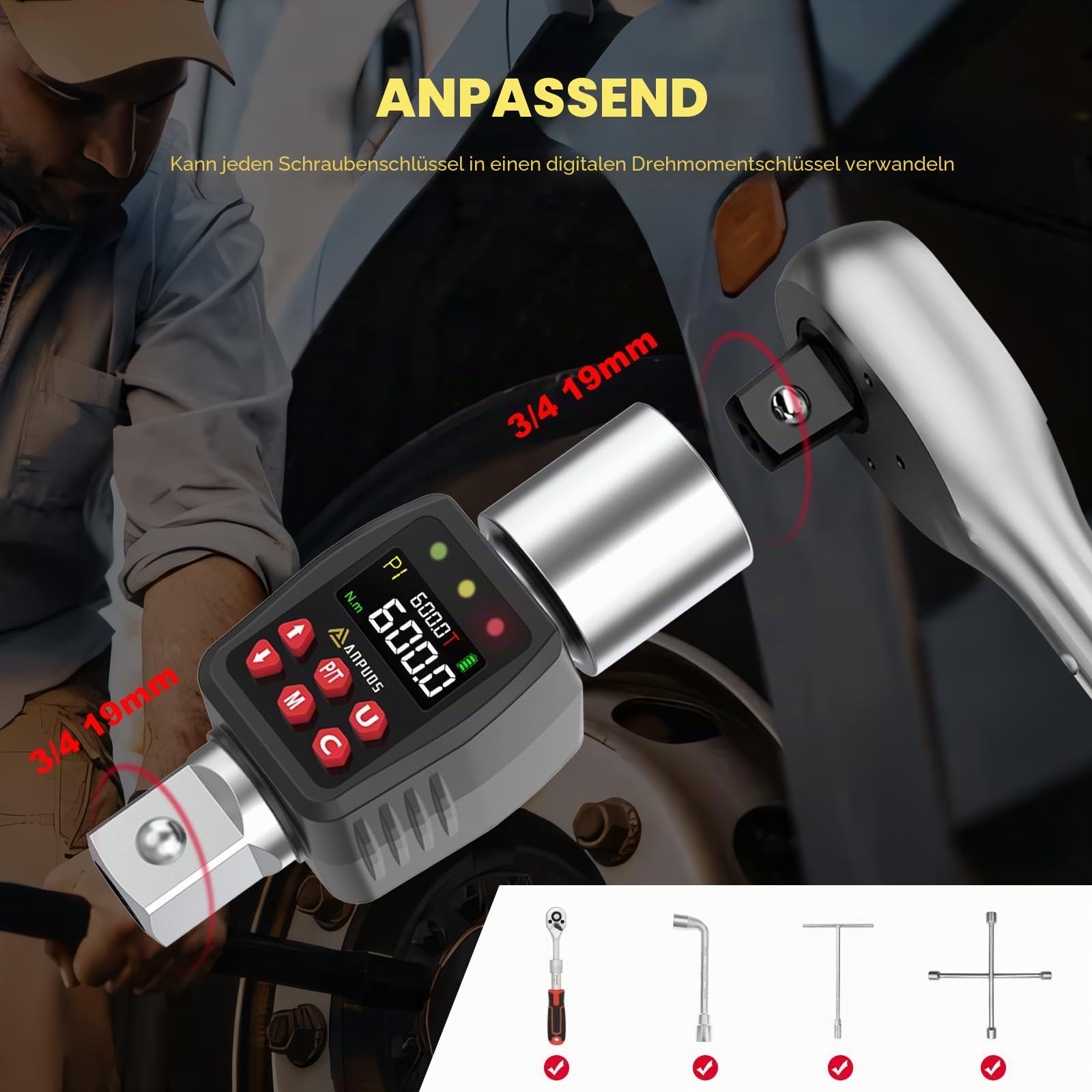 ANPUDS Digitaler Drehmomentadapter, 3/4 Zoll 9-600Nm Drehmomentadapter Set mit Voreingestellter, Lagerung, Summer, LCD Anzeige, ± 1% Fehlergenauigkeit für Auto, LKW, Traktor