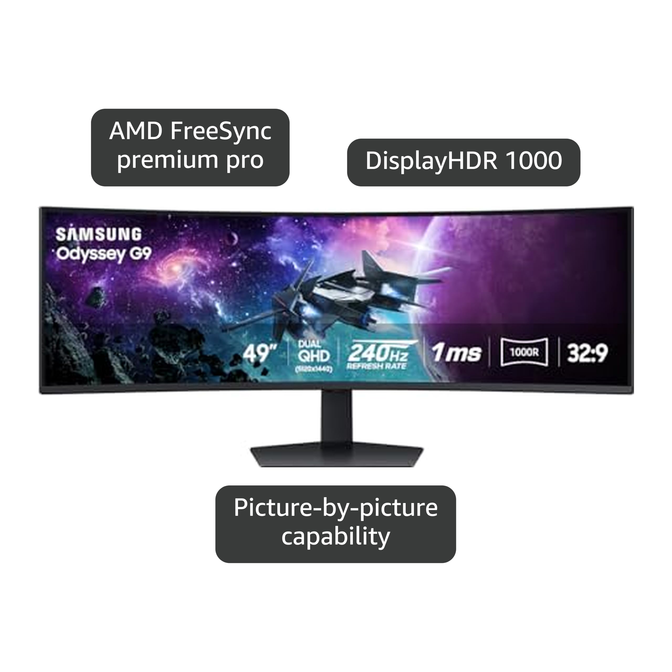 Samsung 49” Odyssey G9 Series DQHD 1000R Curved Gaming Monitor, 1ms(GtG), VESA DisplayHDR 1000, 240Hz, AMD FreeSync Premium Pro, Height Adjustable Stand, Ultrawide Screen, LS49CG954ENXZA, 2024