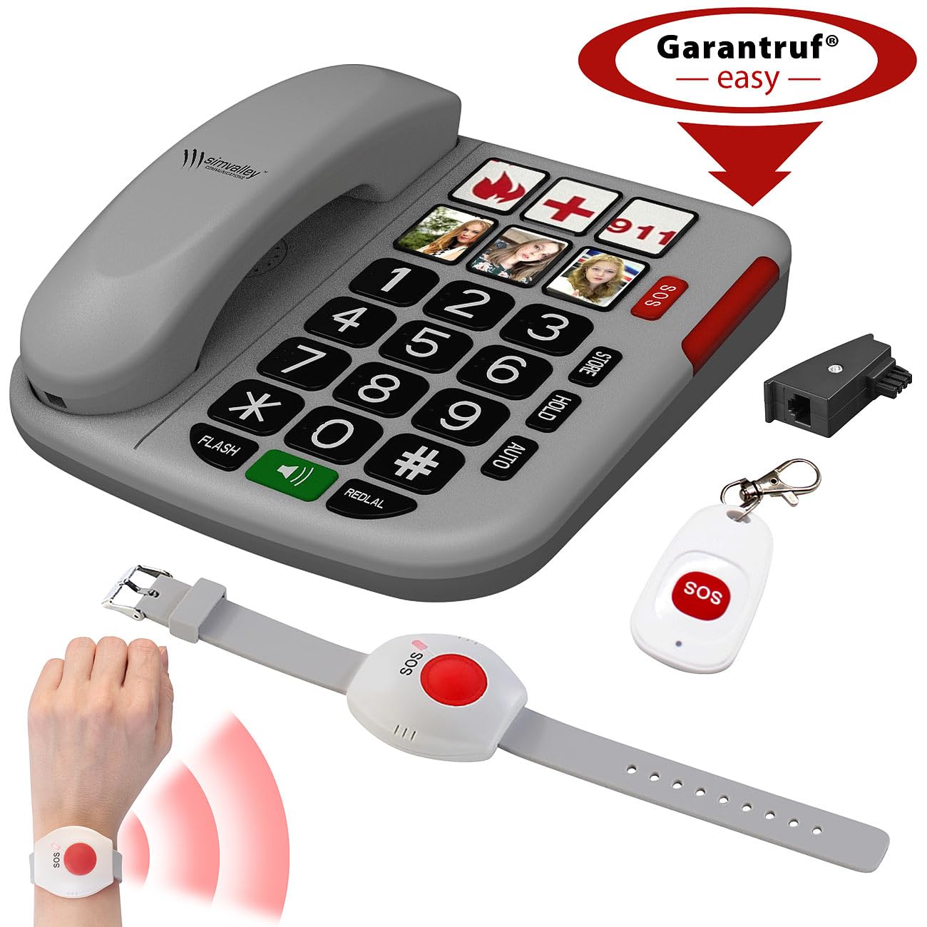 Communications Desktop-Telefon: Senioren-Notruf-Telefon, Funk-SOS-Taster, SOS-Armband, TAE-Adapter (Rentner-Telefon Festnetz, Schreibtisch-Festnetztelefon)
