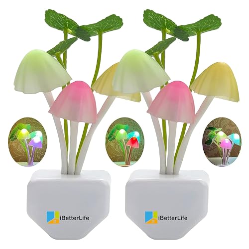 iBetterLife Sensor Mushroom Night Light - 2 Pack Color Changing Plug in Wall LED Mushroom Nightlight with Dusk to Dawn Sensor Auto On/Off Cottage Core Decor Lamp, Super Power Saving - Mushroom Light, Auto Color Changing, Lotus Leaves, 2 Pack
