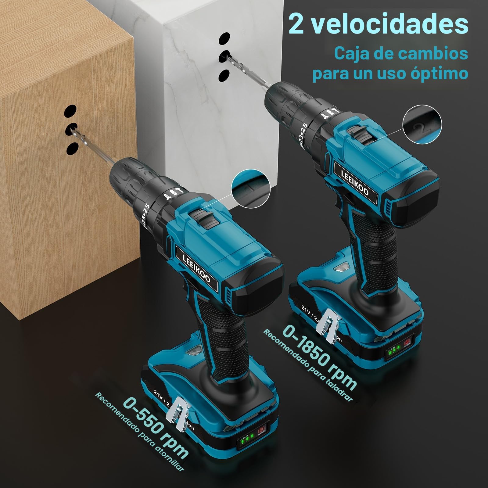 Taladro Percutor a Bateria 21V, LEEIKOO Taladro Atornillador Bateria, 42N.m Atornillador Electrico con Batería 2.0Ah, 25+3 Ajuste de Par, 24 Accesorios, 2 Velocidad, LED Luz Para Hogar, Bricolaje