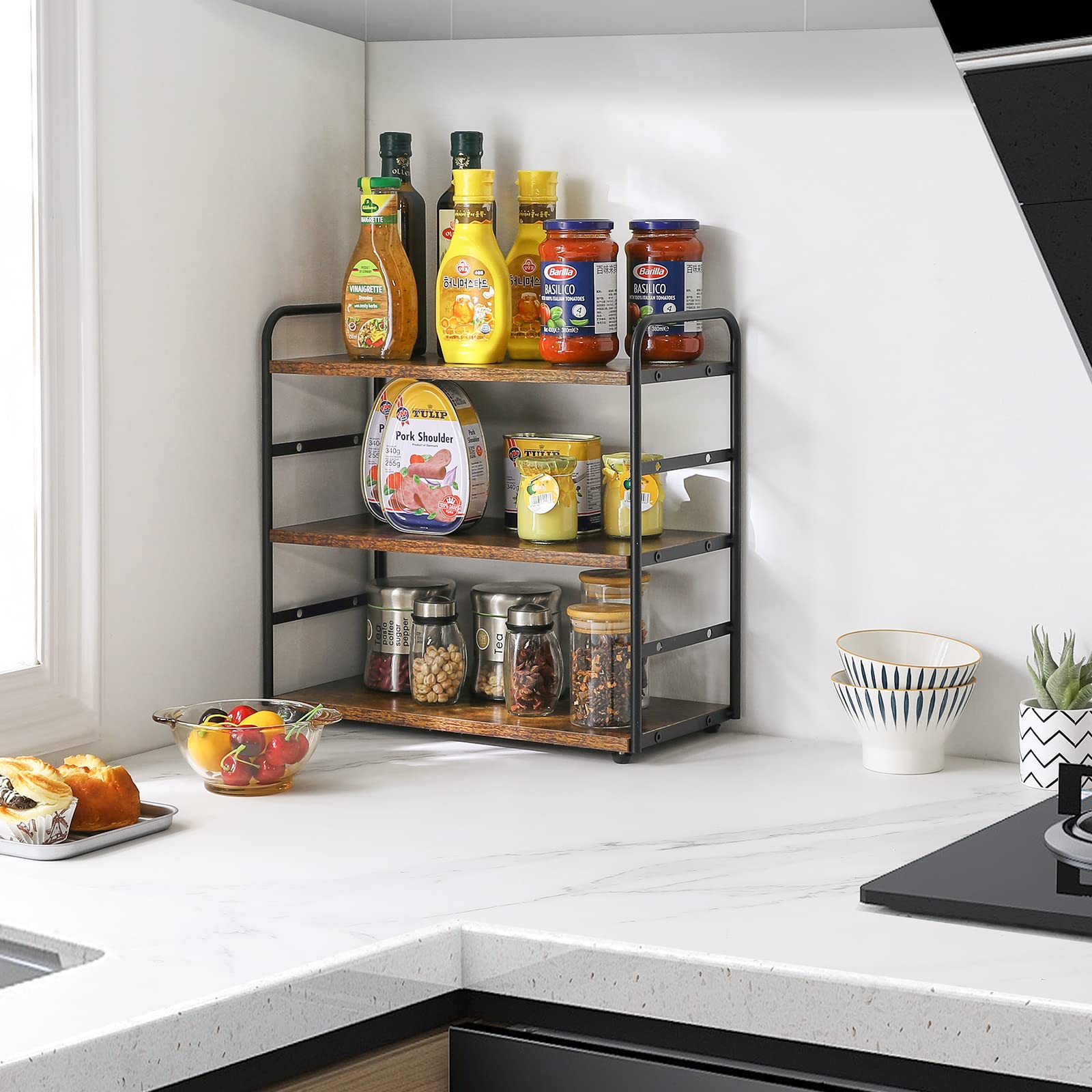 IBUYKE Especiero de 3 Niveles, Estantería Cocina para Encimera, Organizador de Baño, Organizado de Especias de Madera, para Cocina, Comedor, Oficina, Marrón TWJ001H