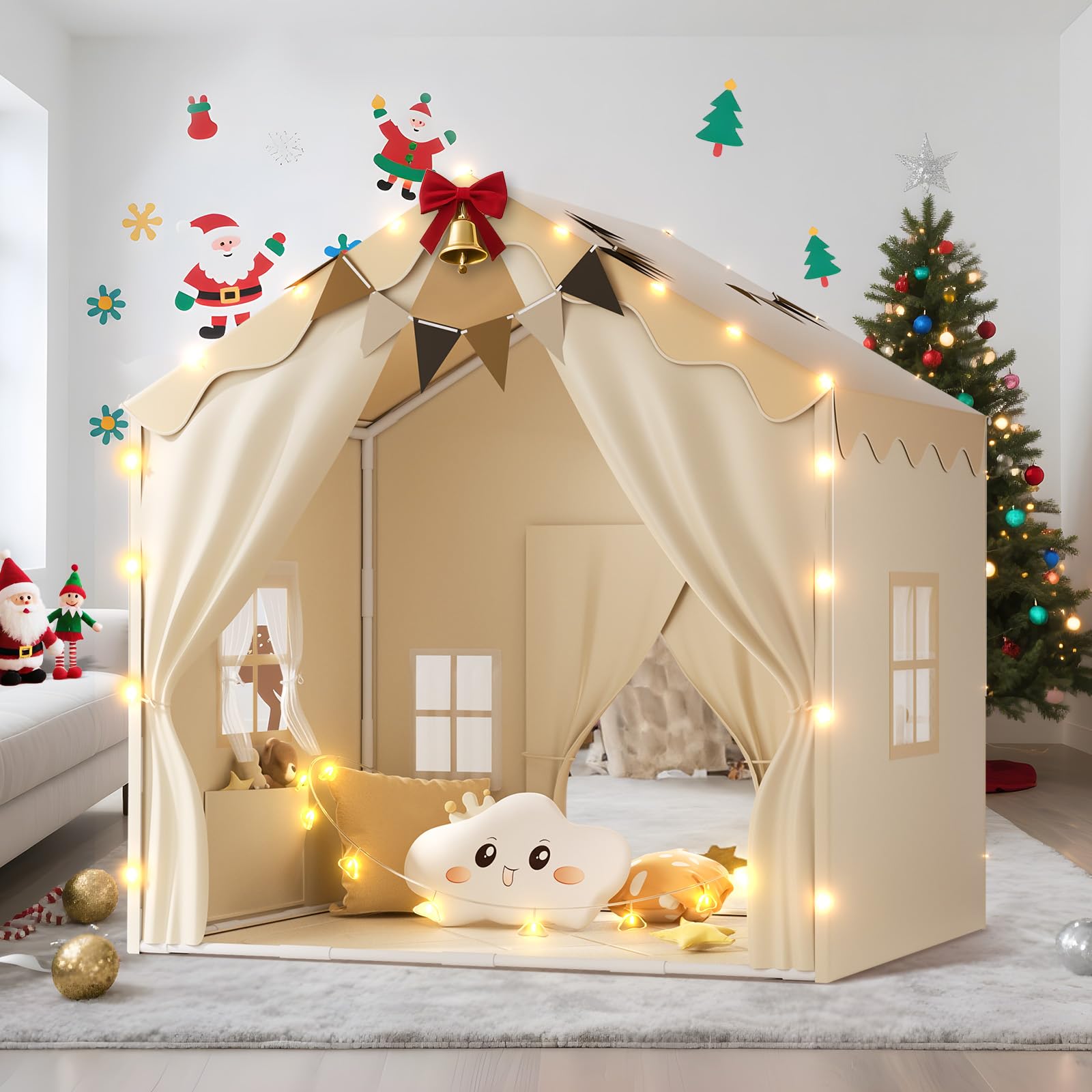 EagleStone 2-in-1 Kinderzelt mit Sternenlicht & gepolsterter Matte, Spielzelt und Bettzelt für Kinder Indoor & Outdoor, 2 Türen, 4 Fenster, 2 Seitentaschen, Geschenk für Jungen & Mädchen ab 3 Jahre