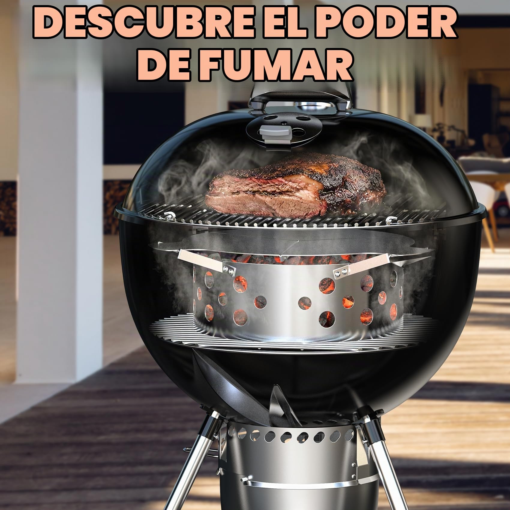 Onlyfire Smoker Barbacoa Kit de Acero Inoxidable para Kettle Grill da 57CM, Accesorio para Barbacoa, Grill Fumador Caja para Fumadores Con Cuatro Soportes de Elevación de Red para Hornear