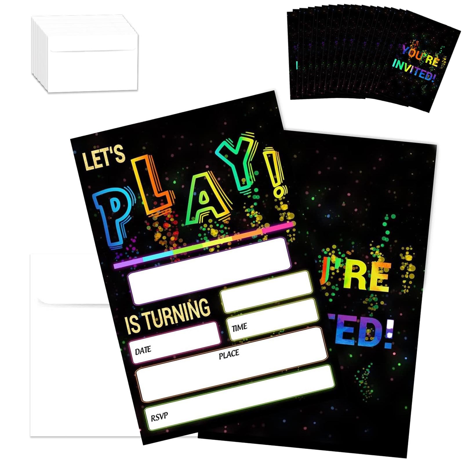 20Pcs Neon Party Invitations, Neon Birthday Invitation Cards with Envelopes, Double Sided Design Invitation Cards, Rainbow Party Invites for Boys Girls, Colourful Invitations Card for Any Occasion