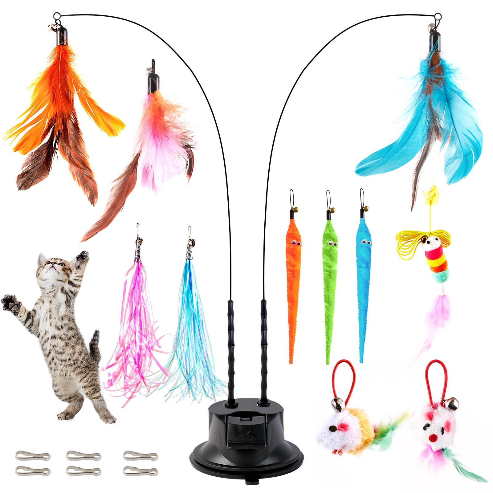 Easy Joy 14 Piezas Juguete de Plumas para Gatos Interactivo, Ventosa de Doble Orificio.2 Varitas Divertidas Retráctiles y 11 Juguetes Intercambiables