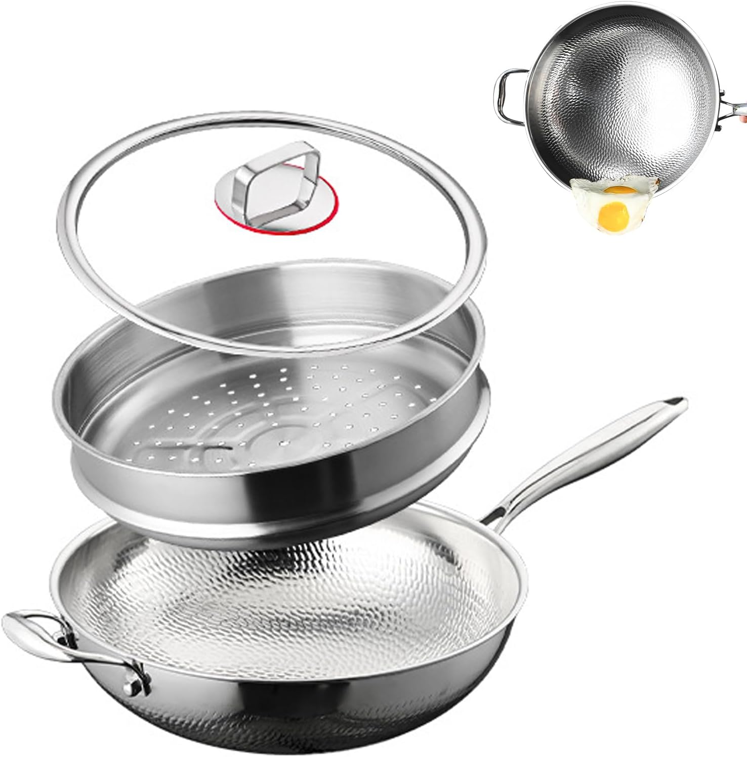 Titanium Hammered Wok, 2026 Upgrade Double-side Hammered Frying Pans Nonstick, Non-Stick Wok,Durable Scratch-Resistant Non Stick Titanium Pans for Cooking,With steamer,14IN