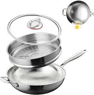 Titanium Hammered Wok, 2026 Upgrade Double-Side Hammered Frying Pans Nonstick, Flat Bottom Non-Stick Wok,Durable Scratch-Resistant Non Stick Titanium Pans for Cooking,with Steamer,14IN