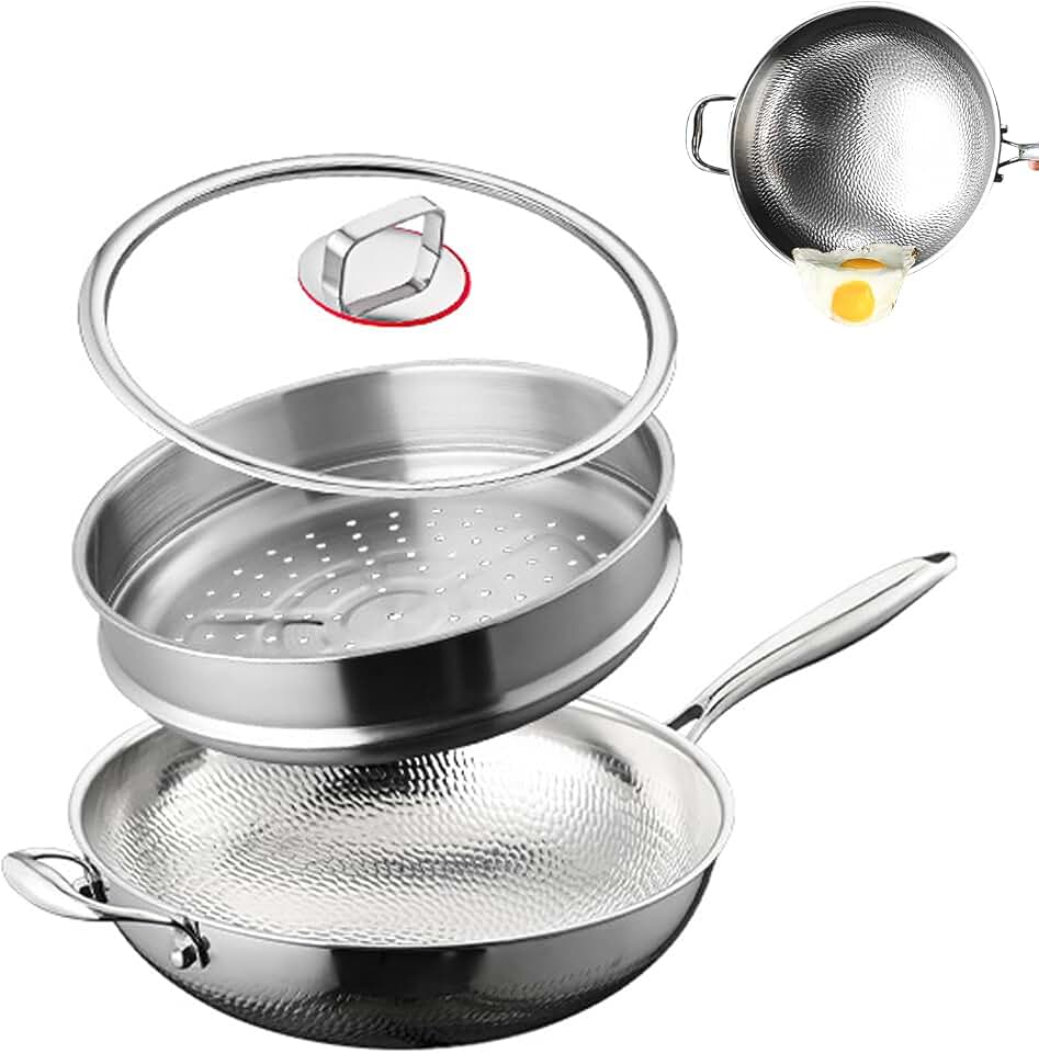 Titanium Hammered Wok, 2026 Upgrade Double-side Hammered Frying Pans Nonstick, Non-Stick Wok,Durable Scratch-Resistant Non Stick Titanium Pans for Cooking,With steamer,12.6IN
