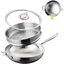 Titanium Hammered Wok, 2026 Upgrade Double-side Hammered Frying Pans Nonstick, Non-Stick Wok,Durable Scratch-Resistant Non Stick Titanium Pans for Cooking,With steamer,14IN