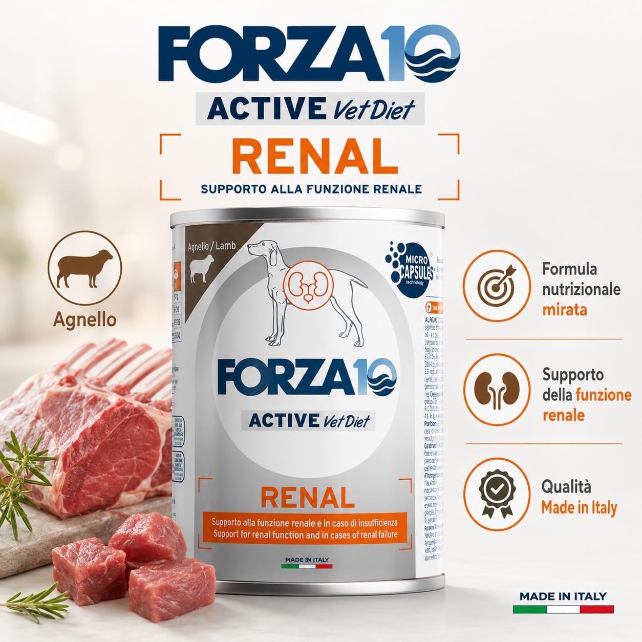 Renal Agnello – Forza10 Diet Cibo Umido per Cani Adulti di tutte le Taglie e Razze, Monoproteico,Supporto alla funzione renale, 6 Lattine x 400g, Alimento Completo.