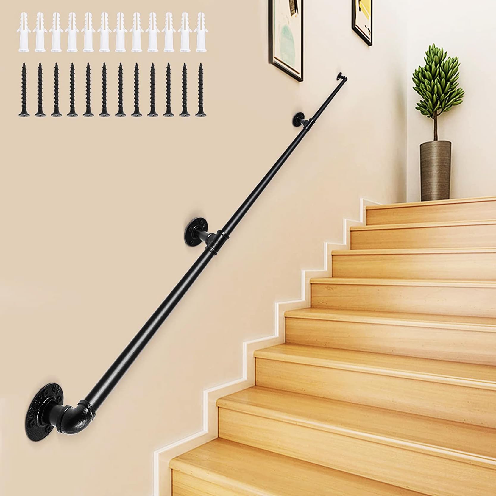 FKXSXAZ Wrought Iron Pipe Stair Handrail,Industrial Staircase Railing,Wall Mount Support Round Corner Grab Bar,Black Deck Banister for Outdoor Indoor Corridor Attic(Size:70cm/27.6in)