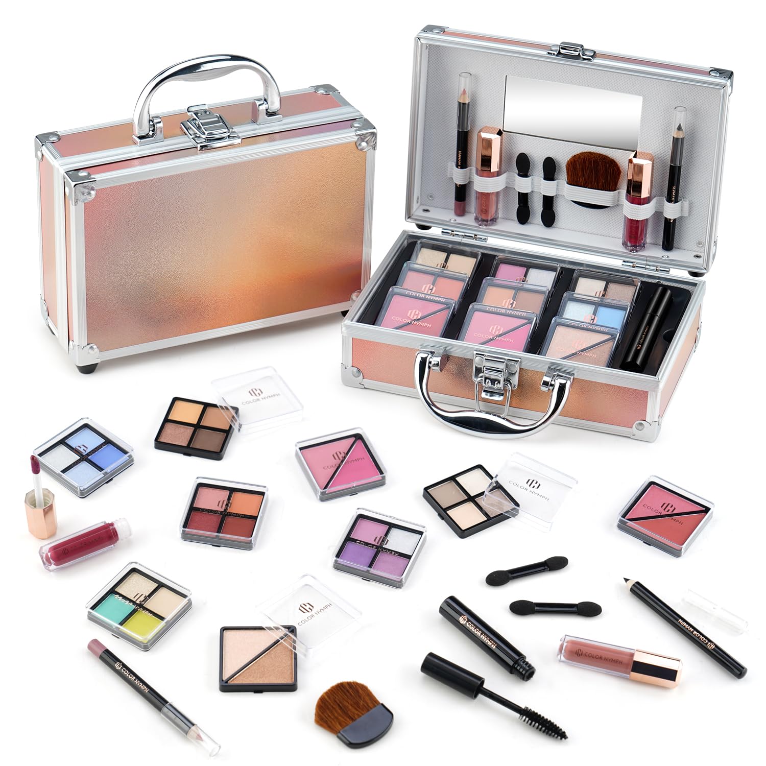 Color Nymph Beginner Makeup Kits For Teens With Train Case Included Full Makeup Kit Eyeshadow Palette Blushes Bronzer Highlighter Lipstick Brushes Mirror(Gold) Color Nymph Beginner Makeup Kits For Teens With Train Case Included Full Makeup Kit Eyeshadow Palette Blushes Bronzer Highlighter Lipstick Brushes Mirror(Gold)