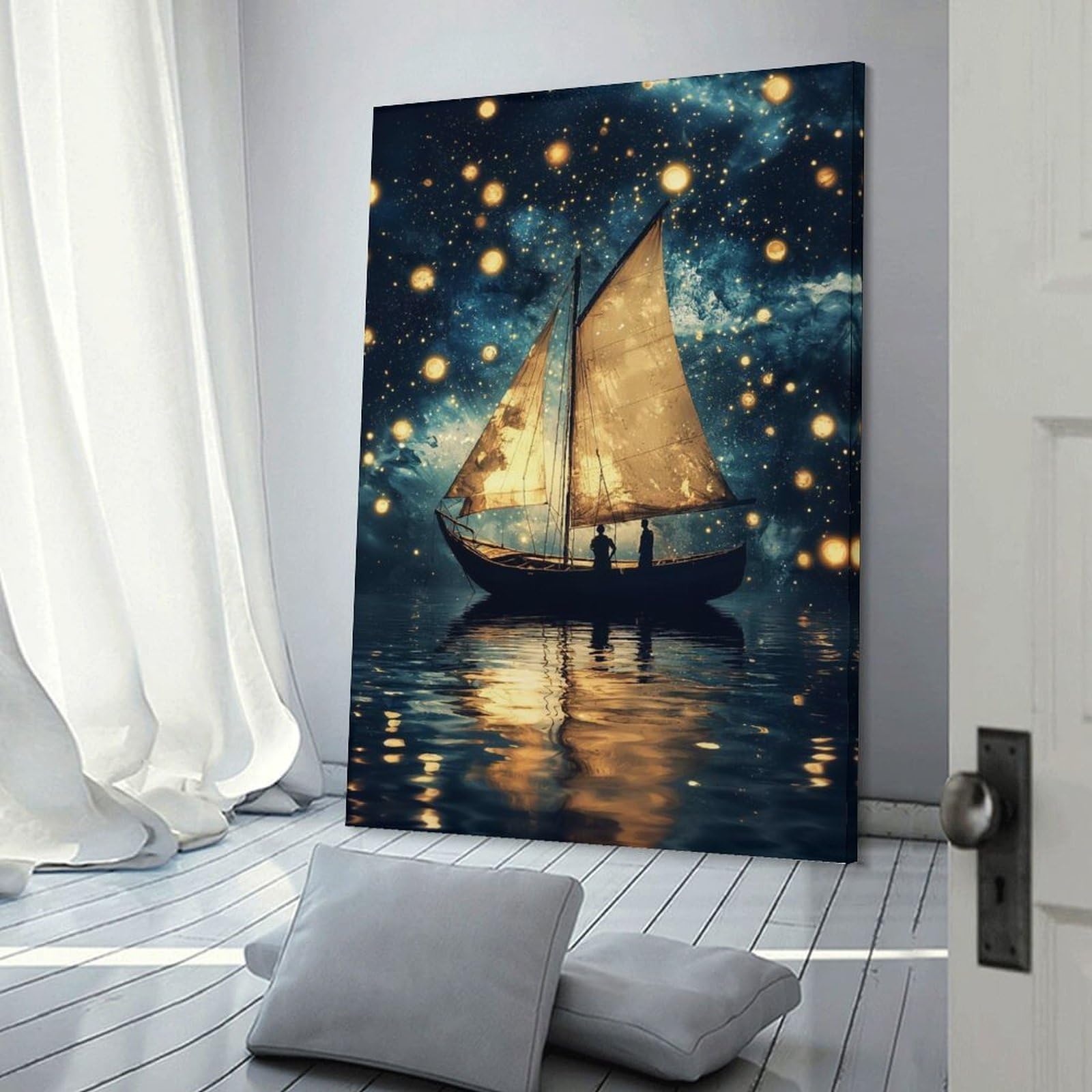 Junmoney Frame-Style-15 Canvas Wall Picture Sailboat Under A Starry Sky, 24X36inch(60X90cm), For Bedroom, Lounge Or Dressing Area, Stylish Decor For A Restful Room Update