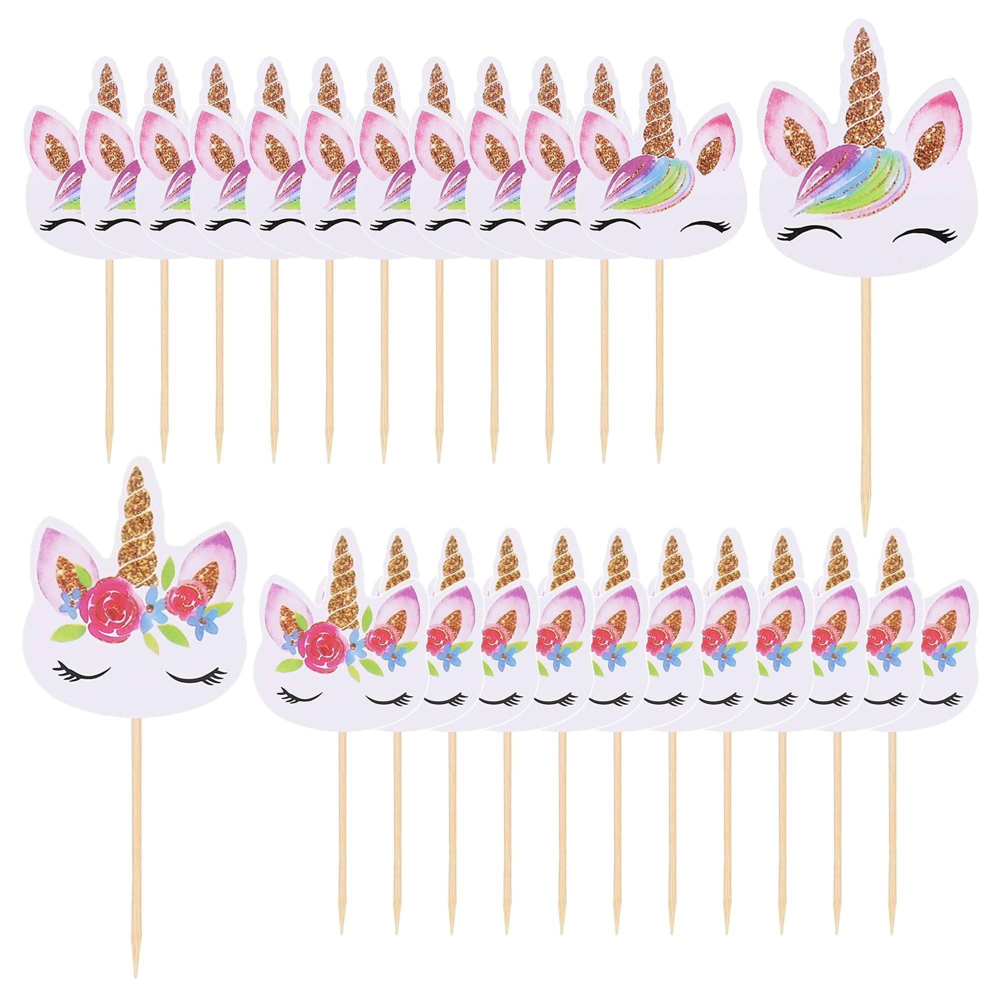 Unicorn Cupcake Toppers, 24 Pcs Unicorn Cake Topper for Cupcakes Decorations and Birthday Decorations, Rainbow Unicorn Patterns Birthday Cake Toppers for Girl, Style 1