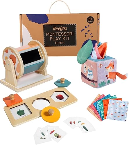 Miniatura 1 de Juguetes Montessori para bebés de 6 a 12 meses  Kit de juego 3 en 1 para bebés  Tambor giratorio mediano  Caja de pañuelos para bebé  Rompecabezas