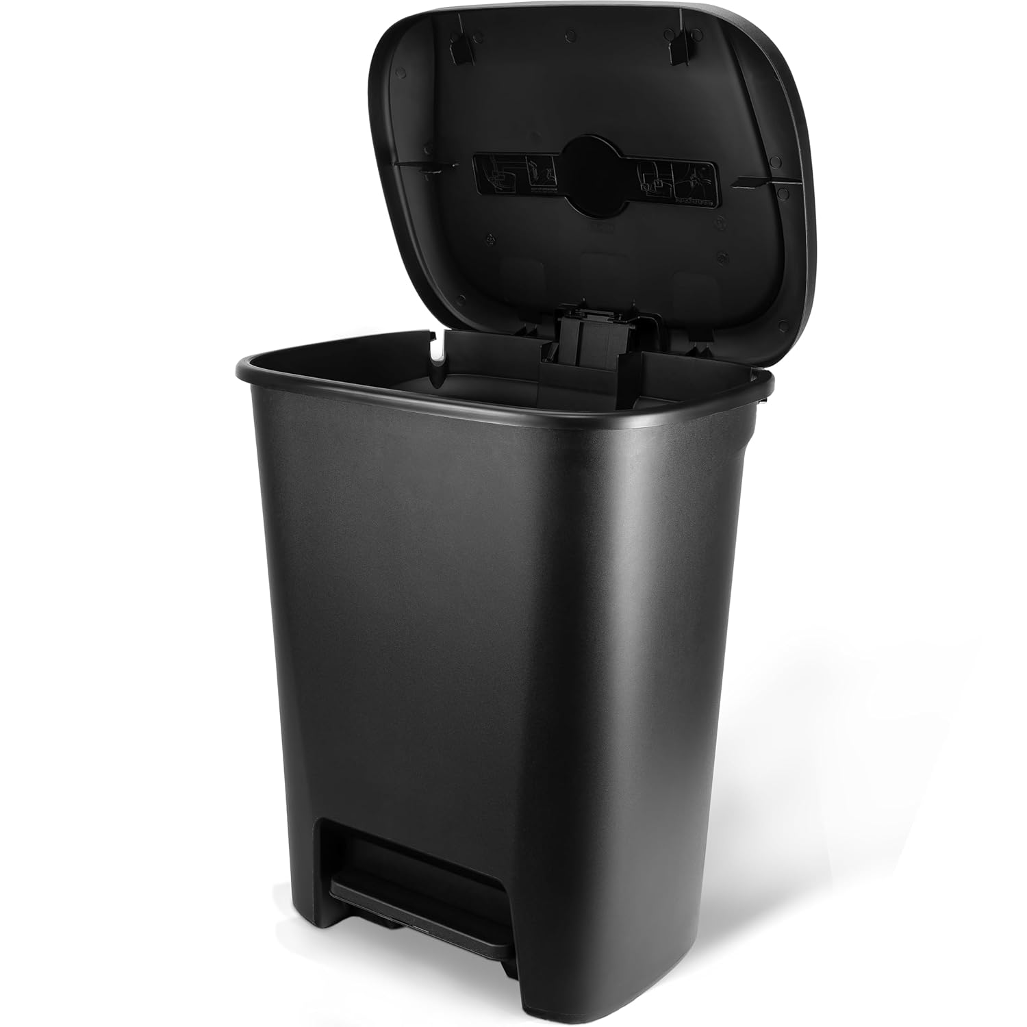 20.4 Gallon Black Kitchen Trash Can, 21.1" W x 15.5" D x 25.7" H – Plastic Garbage Bin with Foot Pedal Lid for Home & Office