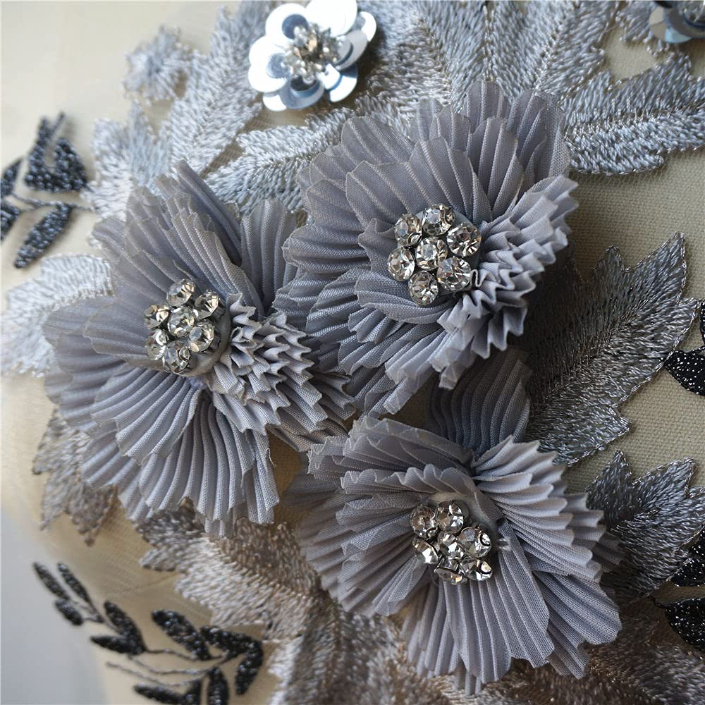 Koronkowe naszywki haftowane, Haftowana aplikacja Szary kwiat 3D Rhinestone Koronkowa tapicerka ślubna