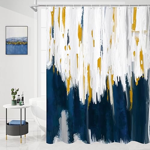 MitoVilla Cortinas de ducha azul marino y dorado para decoración moderna de baño abstracta, cortina de ducha de tela azul oscuro, estilo de pintura