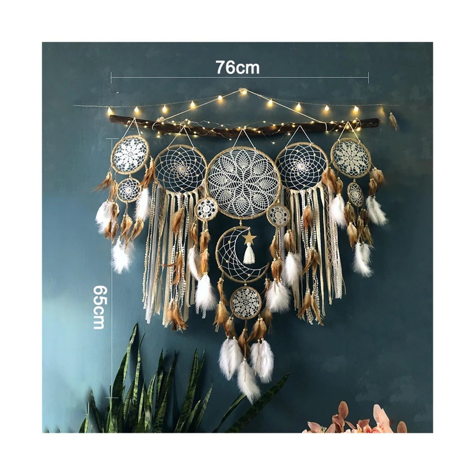 5 unids/Set atrapasueños Plumas Hecho a Mano hogar Sala de Estar Dormitorio decoración Colgante Pared (sin luz ni Palo Madera) para Expositor(White)