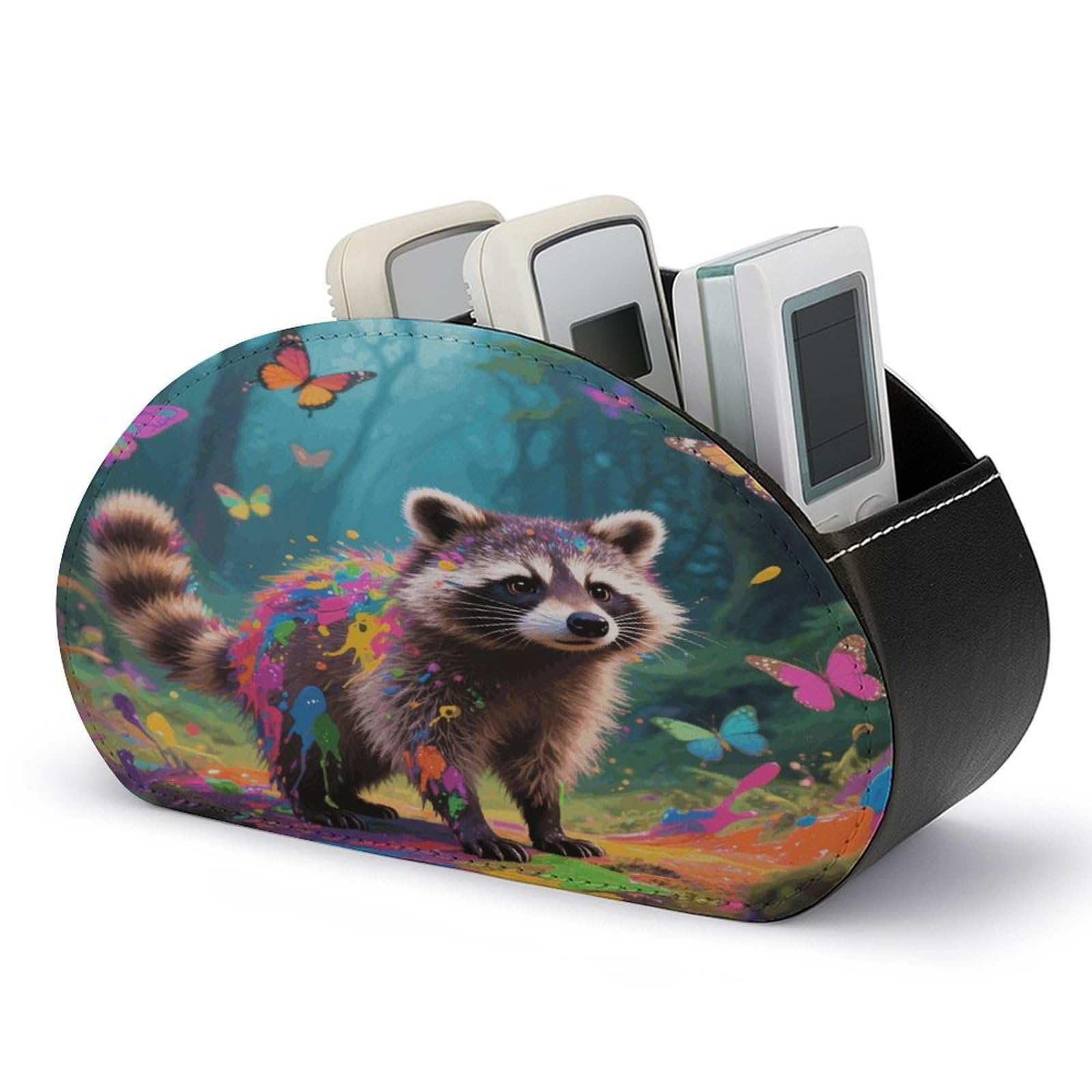 VstaDank Magic Raccoon Remote Control Holder PU Leather Multifunctional Office Makeup Organizer Brush Holder Desktop Storage with 5 Compartments