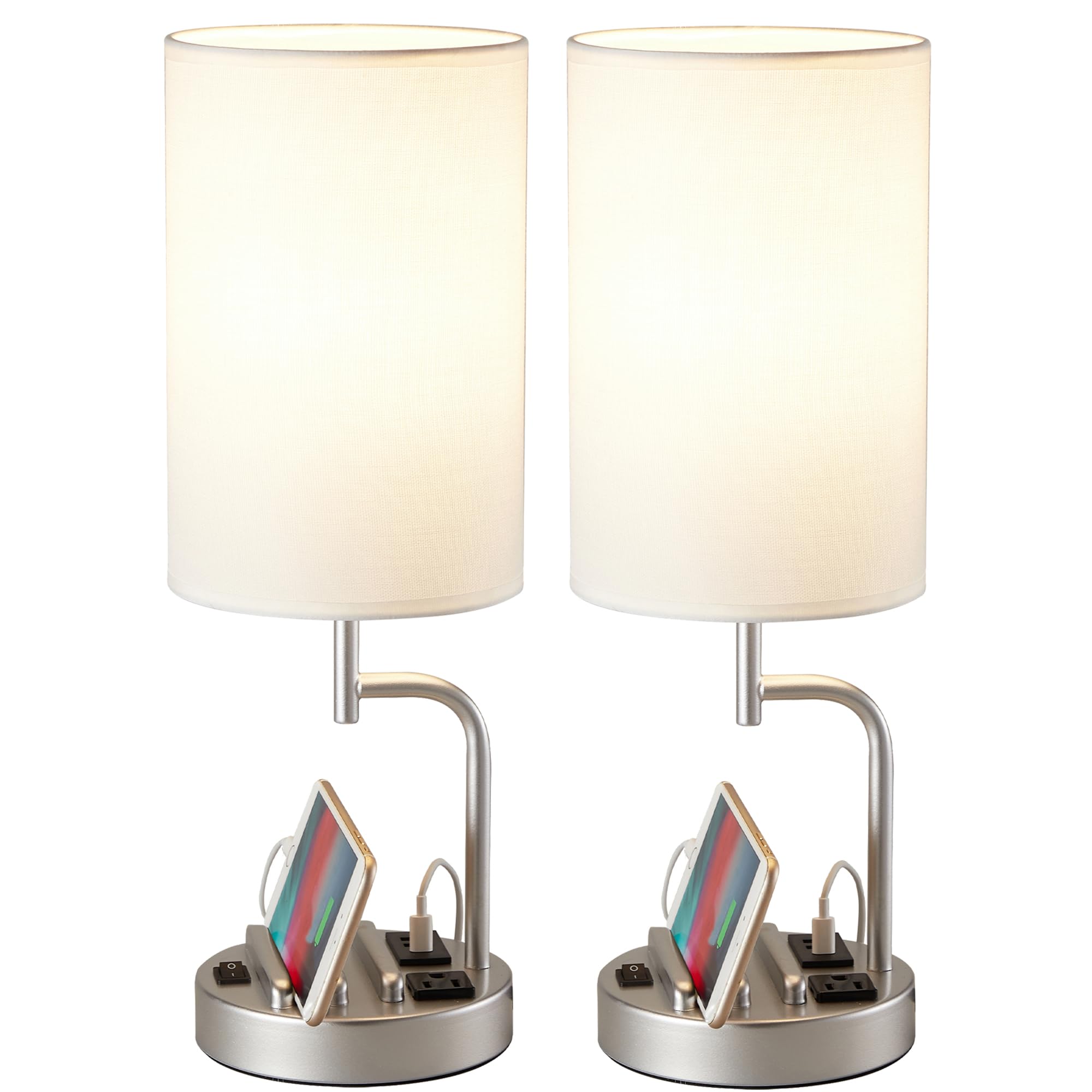 Dreamholder Table Lamp with 3 USB Charging Ports, Modern Desk Lamp with AC Outlet and Phone Stands, Perfect Bedside Lamp for Bedroom, Living Room, Office (Pack of 2), Silver