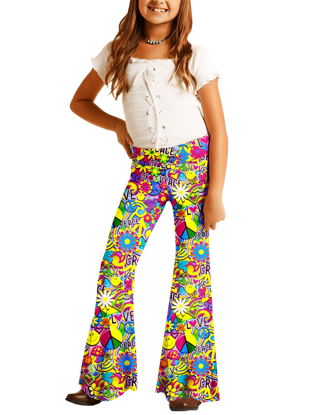 Deerose Girls Halloween Hippie Bell Bottom Pants High Waist Flare Pants 5-14 Years
