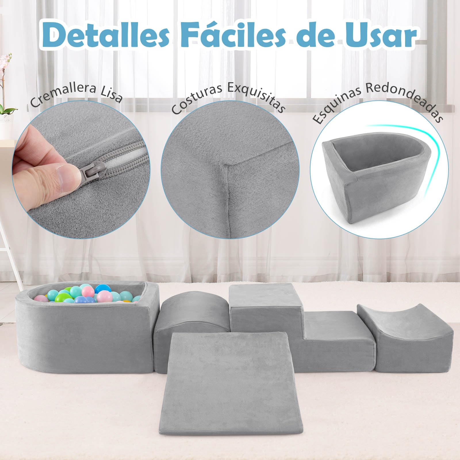 GOPLUS Bloques de Escalada de Espuma con Piscina de Pelotas, 5 Juguetes y Bloques de Escalada con Funda de Tela Suede, Espuma de Alta Densidad, Actividad de Juego Blando para Trepar (Gris)