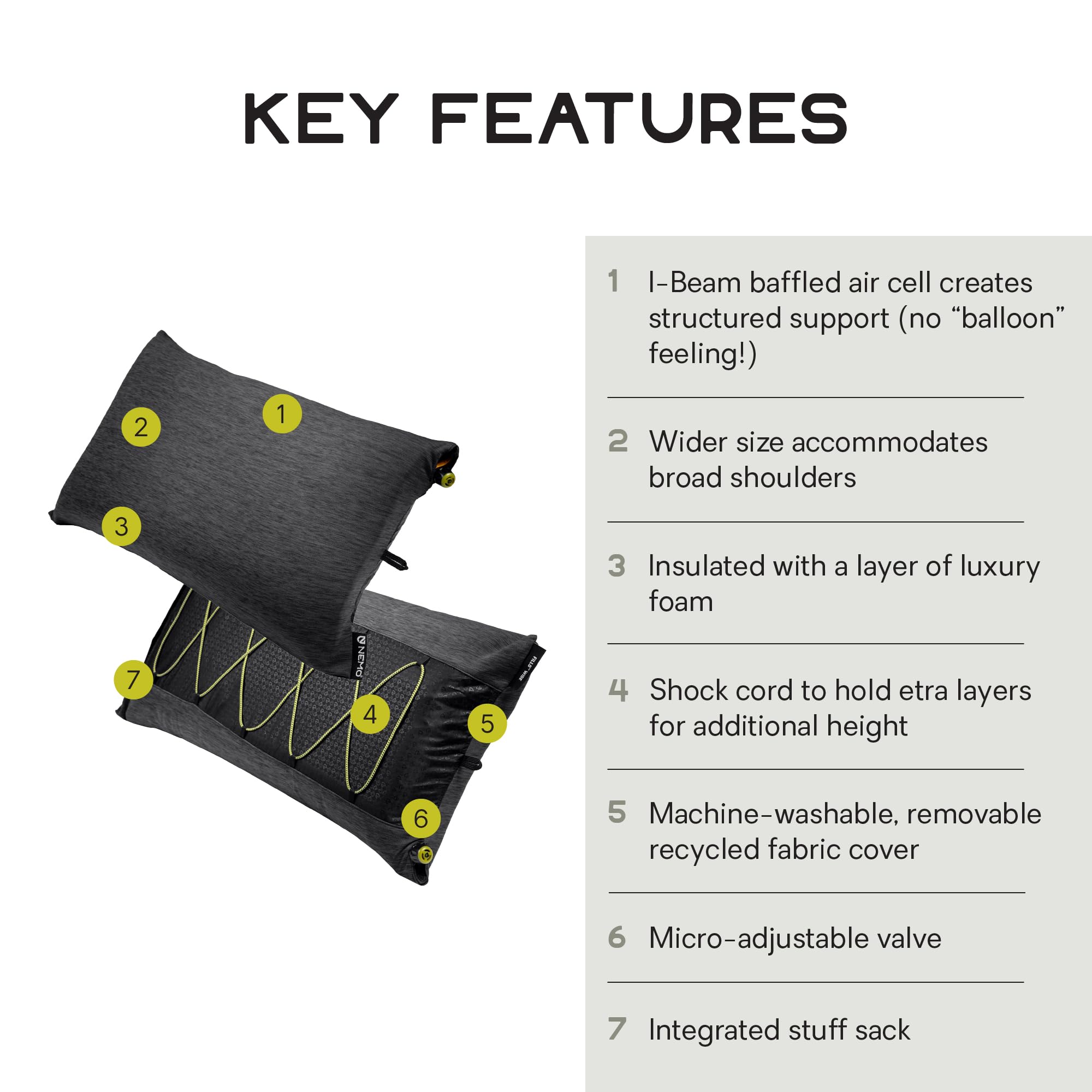 NEMO Equipment Fillo - Almohada ancha para camping, color perla negra/brote de abedul, talla única