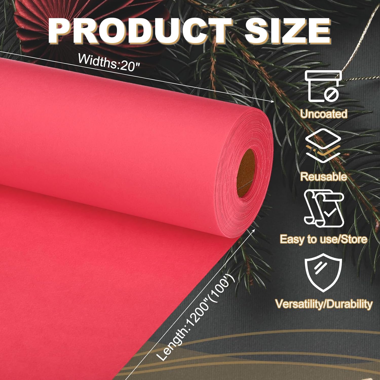 PATIKIL Wrapping Paper, 20"x1200"(100') Bulletin Board Paper Roll Kraft Paper Roll Construction 80GSM for Shipping Packing Gift Wrapping Craft Flower Bouquet Christmas, Red