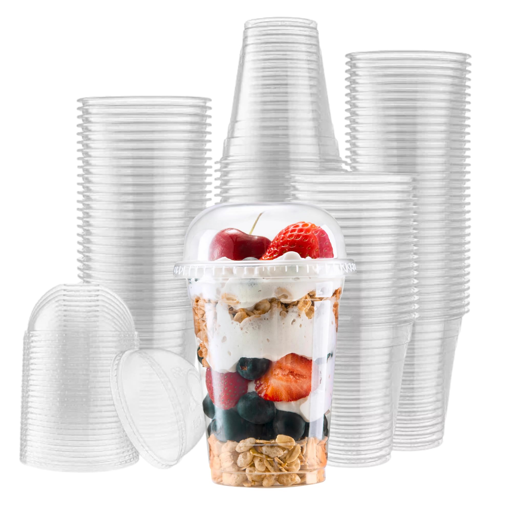 CaterCo Smoothie Cups with Dome Lids (200 Pack - 10oz / 290ml) - Plastic Smoothie Cups, Reusable/Disposable, Recyclable Clear Cups for Takeaway, Milkshake, Slushie, Iced Drinks - (10oz - 200 Pack)