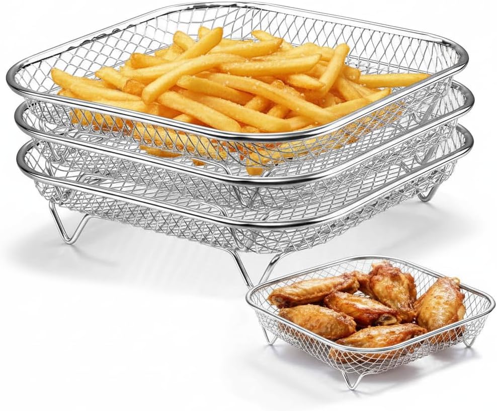 P&P CHEF 7.72 Inch Square Air Fryer Rack Set of 3, Stackable Stainless Steel Air Fryer Basket Accessories, Deep Dehydrator Racks Frying Baskets for Baking Roasting, Oven & Dishwasher Safe