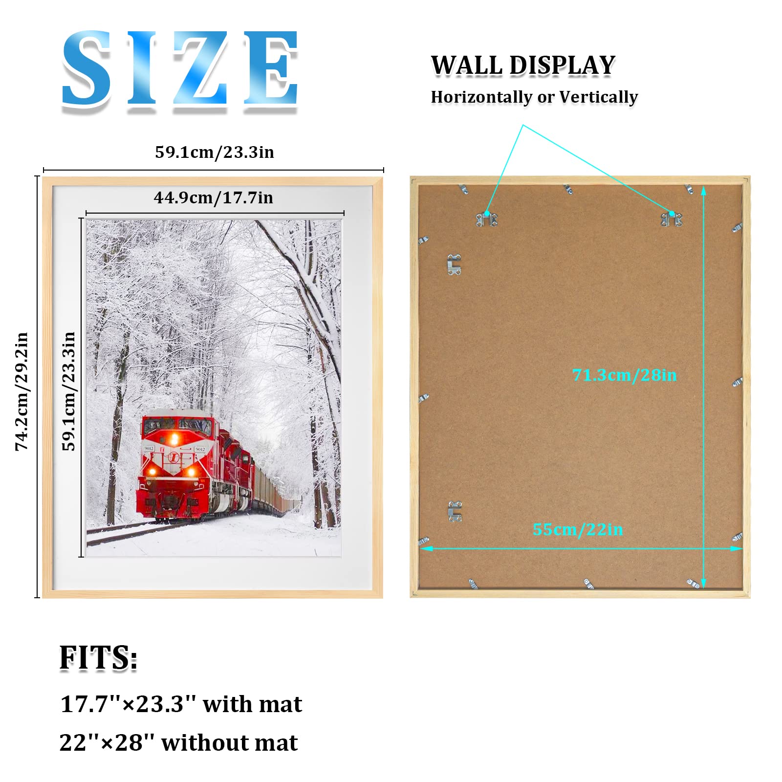 Egofine 22x28 Solid Wood Picture Frame Covered by Plexiglass Matted for 18x24 Natural wood for Wall Mounting Hanging Poster Frame Vertically or Horizontally, Natural Wood