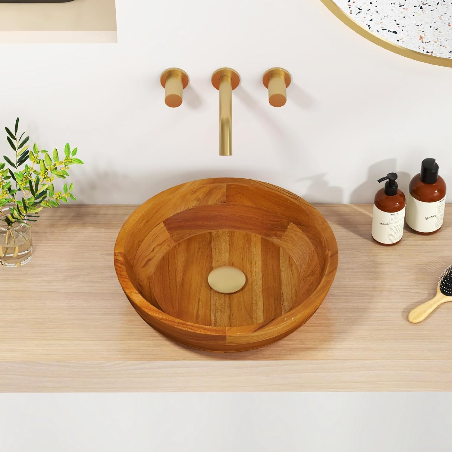 Giantex Teak Wood Vessel Sink - Bathroom Washbasin with Smooth Finish, Round Corner, 2.5” Drain Hole for 1 5/8" Drainage, Above Counter Vanity Sinks, No Assembly Art Basin (16” x 16” x 4” Bowl-shaped)