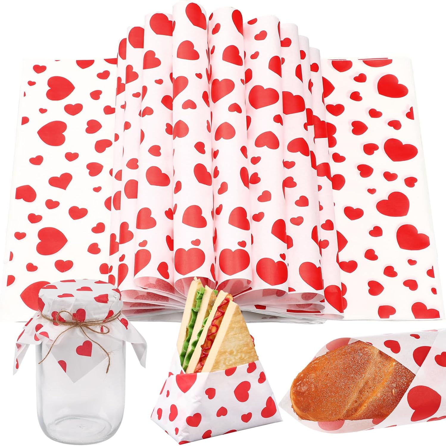 FoldTier 100 Pcs Valentine's Day Wax Paper Sheets for Food Wrapping 12x12 Inch Deli Paper Sheets Heart Greaseproof Parchment Papers Food Basket Liners for Sandwich Burgers Fries(Stylish, White)