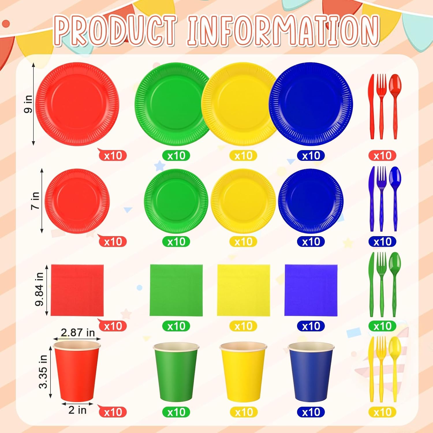 Dandat 280 Pieces Complete Party Tableware Pack 9" 7" Dinner Dessert Paper Plates 9oz Cups Napkins Plastic Forks Knives Spoons for Birthday Carnival Supplies, Serves 40(Blue Red Green Yellow)